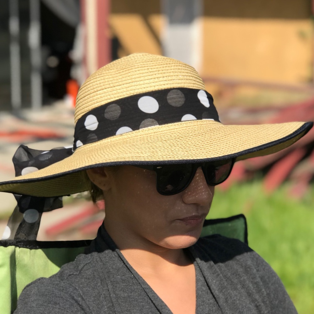 Large Brim Hand Stitched Sun Hat With Dotted Scarf